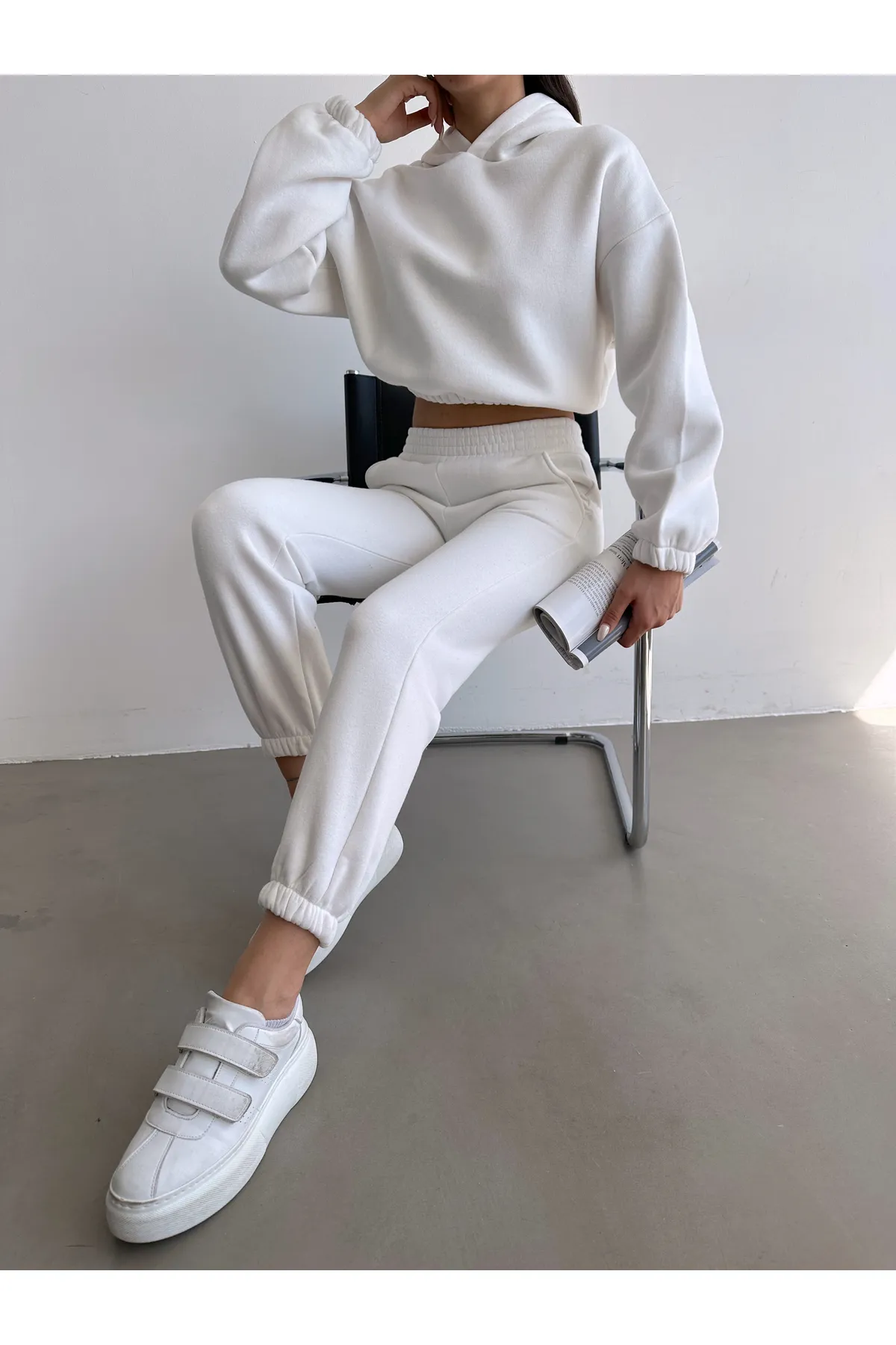 BEJNA  Basic-Trainingsanzug-Set für Damen aus weißer Baumwolle mit Fleece-Innenseite