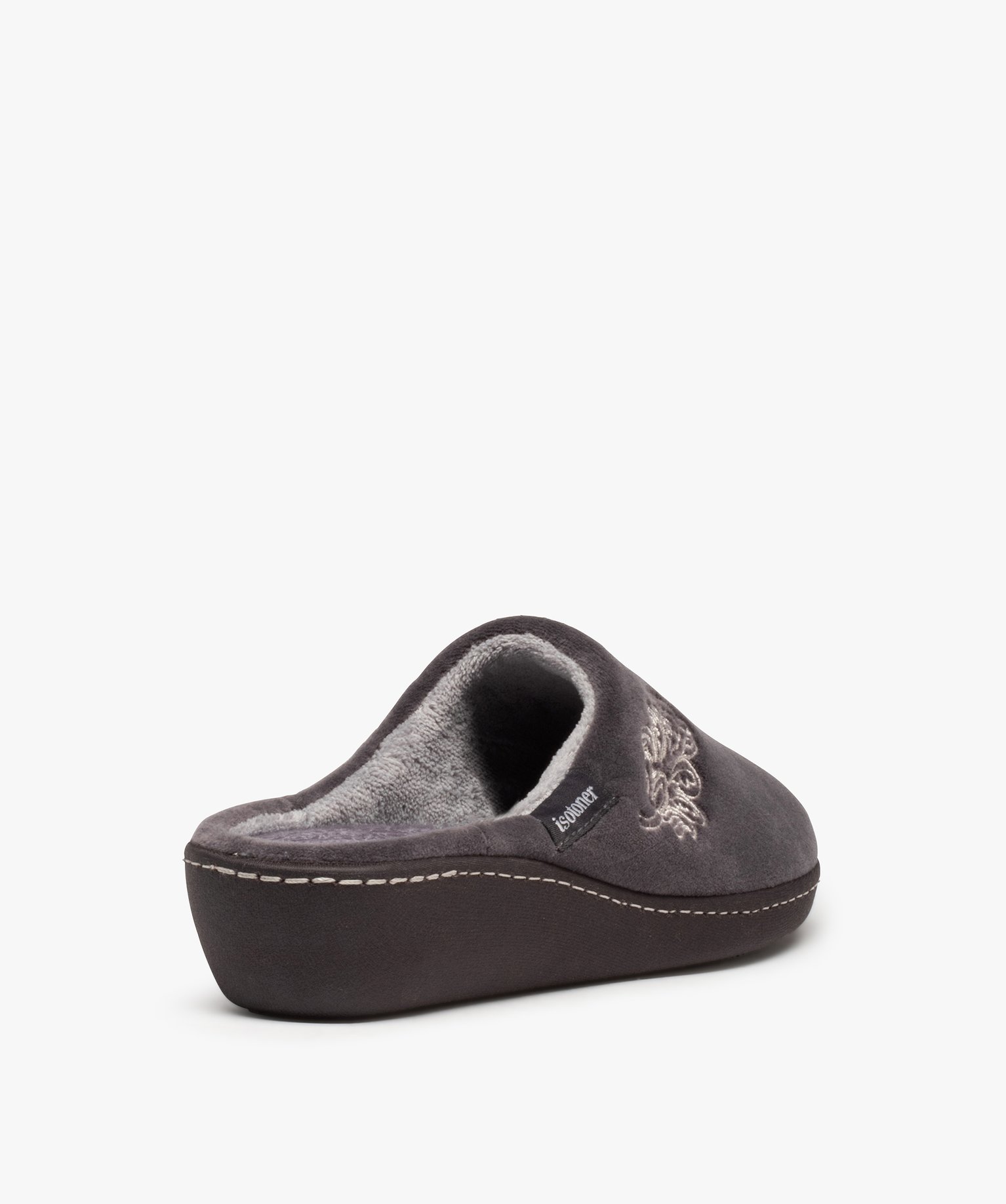 Chaussons femme mules en velours brodé - Isotoner gris | GEMO