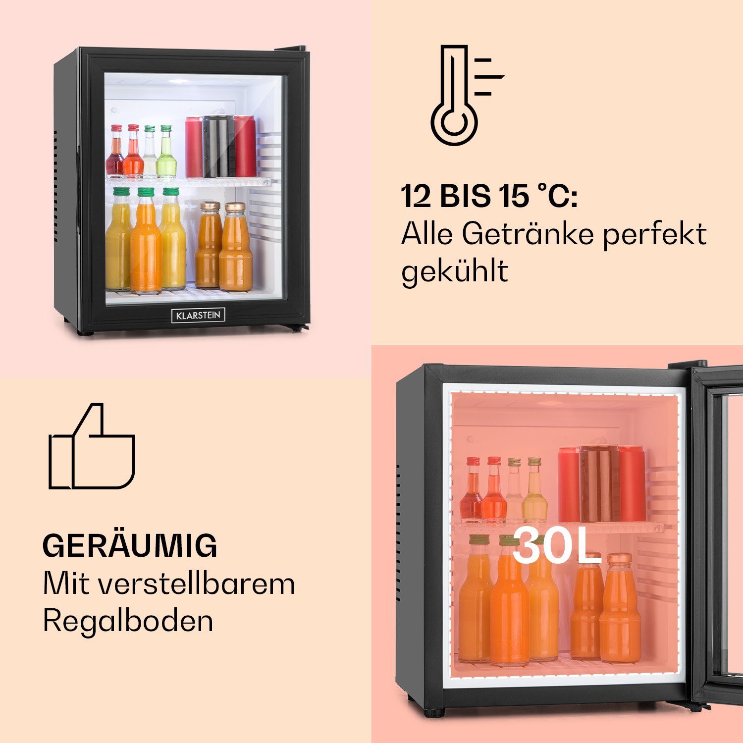 Klarstein Table Top Kühlschrank HEA-MKS-13 10005440A, 47 cm hoch, 38 cm breit, Hausbar Minikühlschrank ohne Gefrierfach Glastür klein Kühlschrank