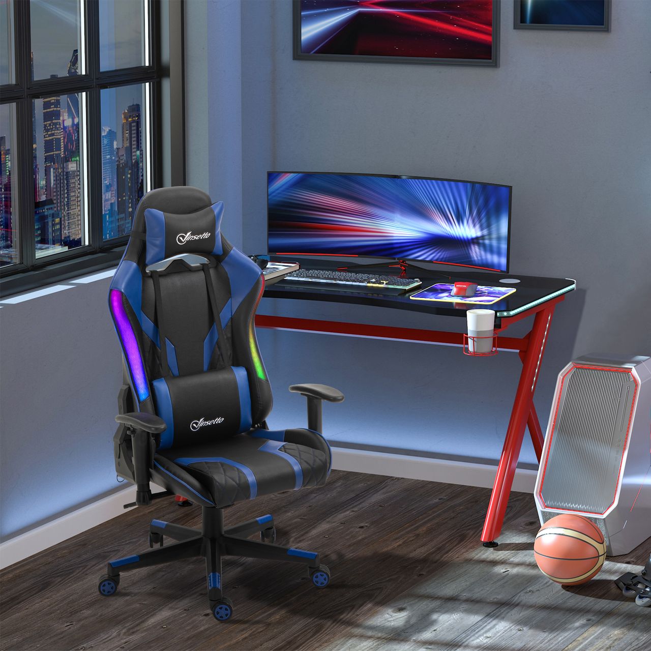 Vinsetto Bürostuhl LED Gaming Stuhl ergonomischer Drehstuhl mit Liegefunktion Handlauf anhebbar Schaumstoff Kunstleder Nylon Schwarz Blau 70 x 57,5 x 126-136 cm