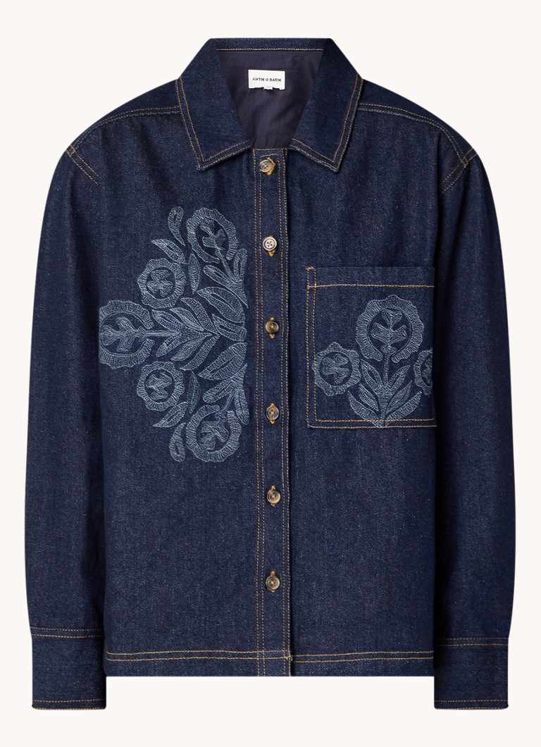 Giacca in denim batik anticato Eglantine con ricami floreali e tasche laterali