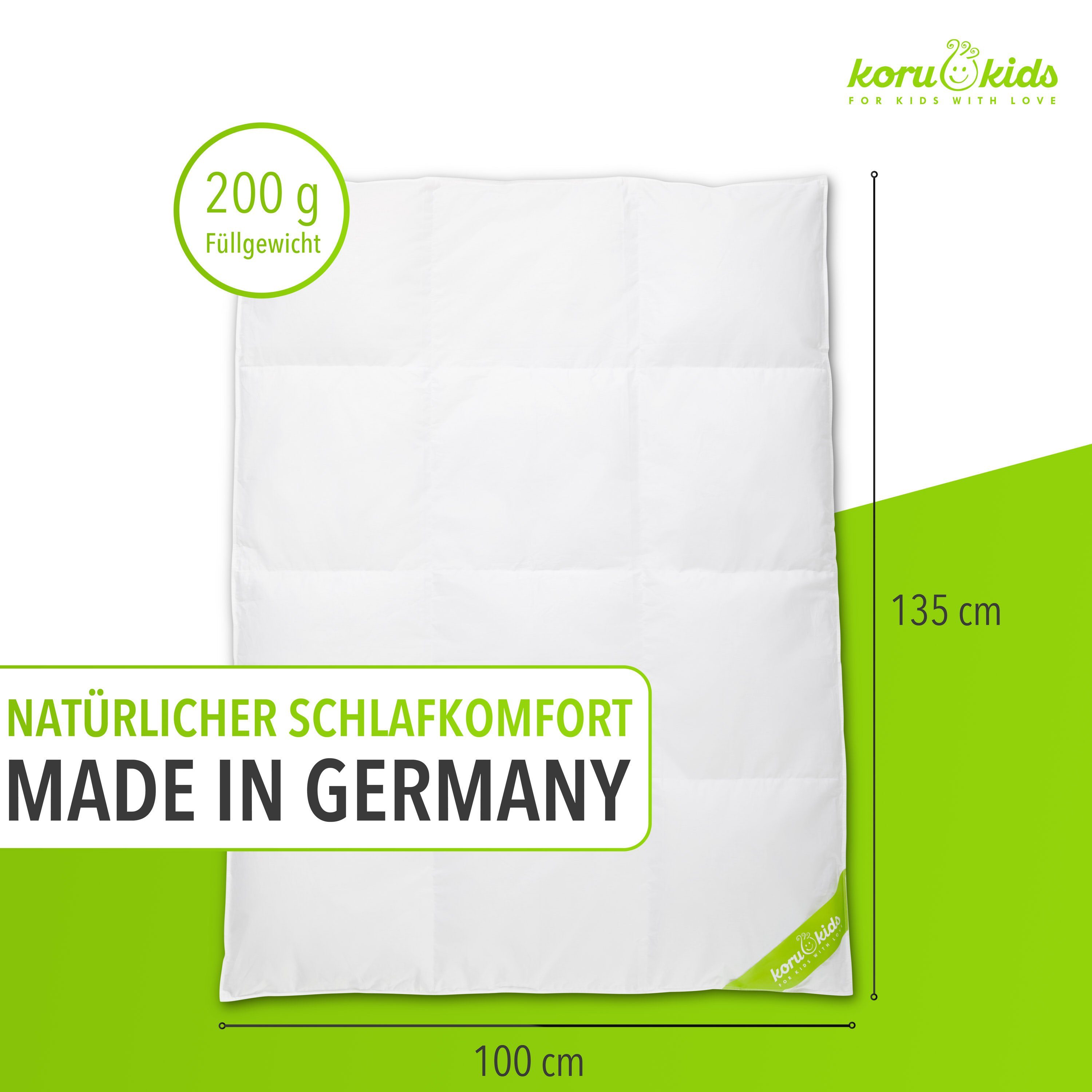 Kinderbettdecke, Daunen Bettdecke Kinder 100x135cm, Koru Kids, Füllung: 100% kanadische Daunen, Waschbar bis 60° C, temperaturausgleichend, allergikergeeignet