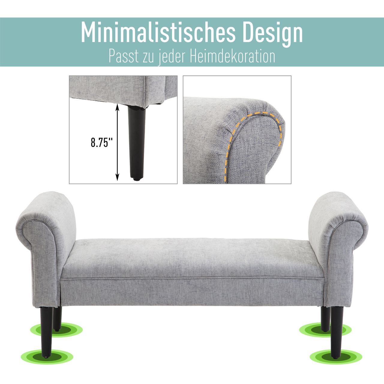 HOMCOM Polsterbank Sitzbank Lounge Sitzhocker Flurbank Bettbank elegant mit gerollten Seiten Leinenstoff Schaumstoff Polyester Hellgrau 132 x 45,5 x 58 cm
