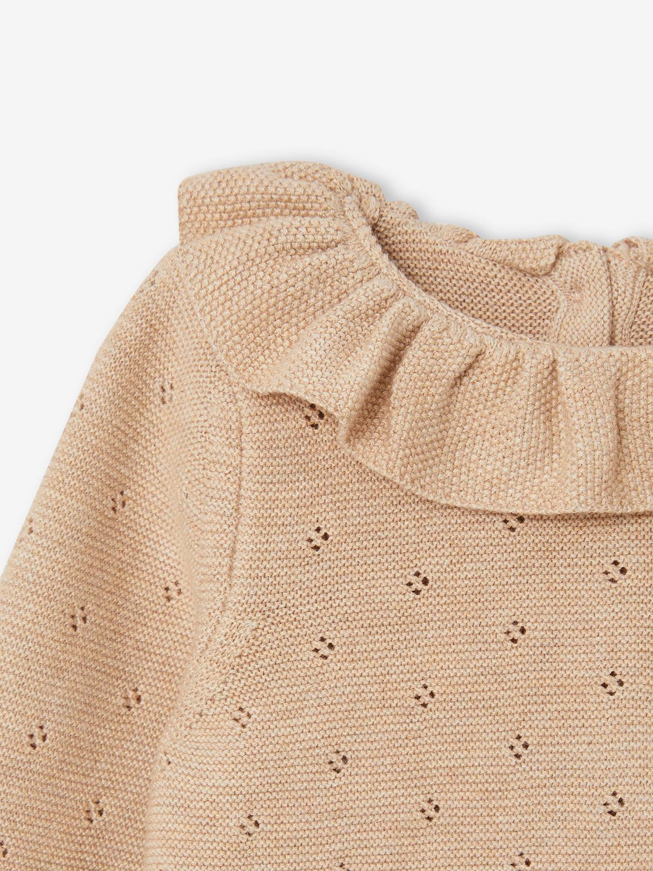 Vertbaudet Baby-Set: Strick-Kurzoverall mit langen Ärmeln & Mütze Oeko-Tex - beige meliert