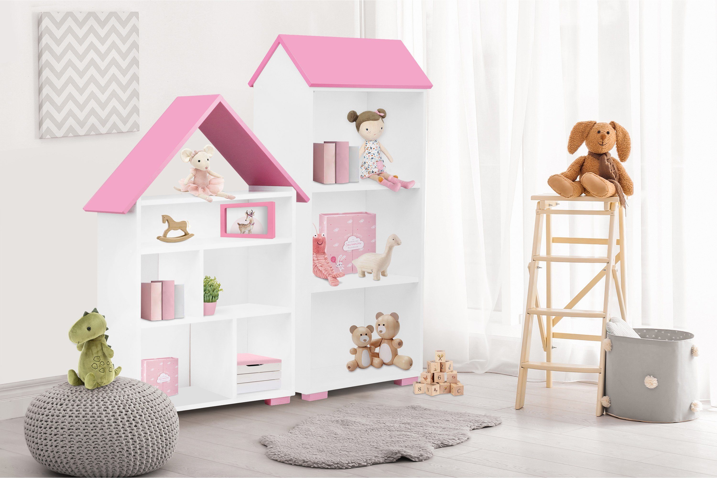 Konsimo Kinderregal PABIS Kinder Bücherregal Hausform, geräumig, in Pastellfarben, ABS-Kanten