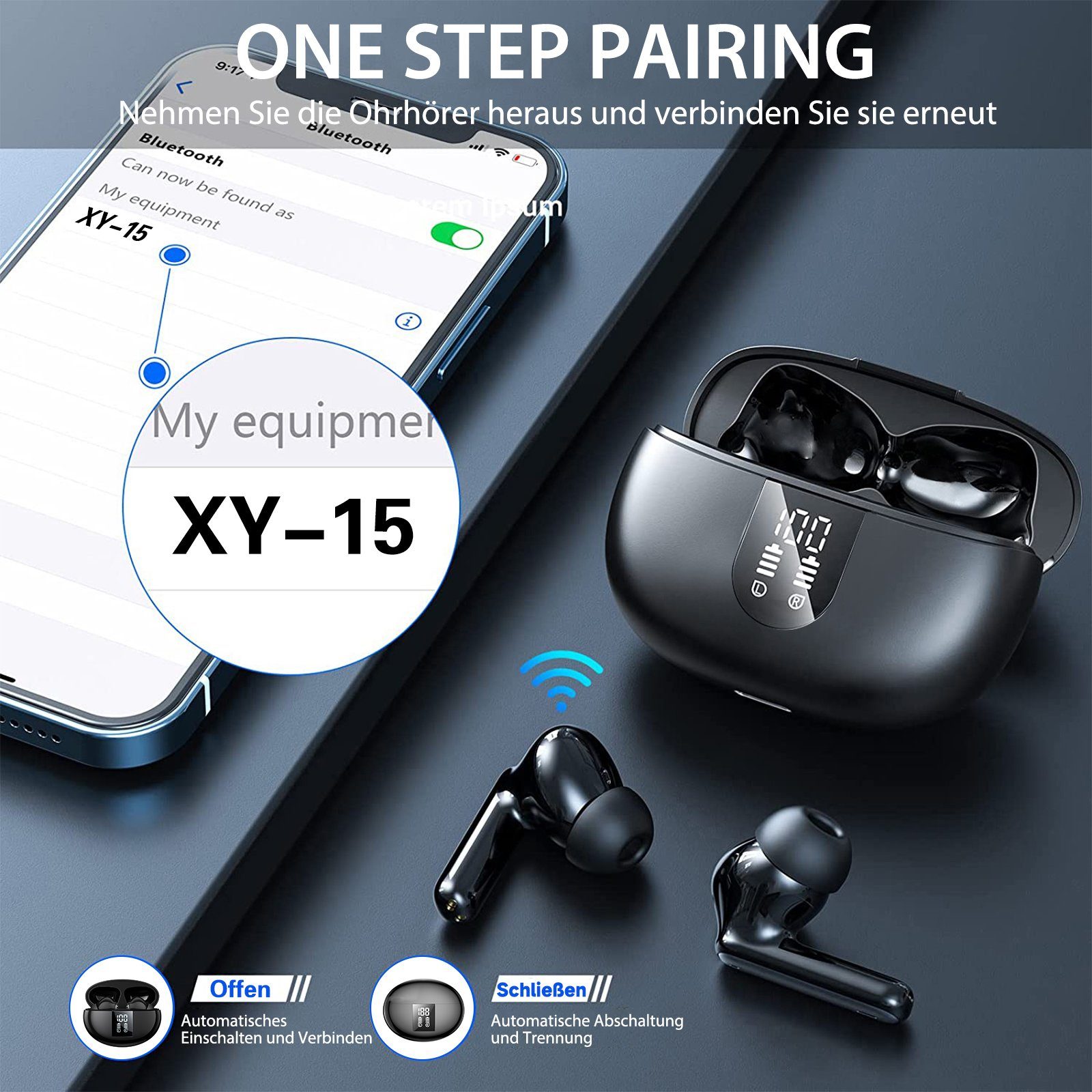 Yuede Bluetooth 5.3 Kopfhörer, Earbuds Kabellos mit LED-Ladebox In-Ear-Kopfhörer (Immersives HIFI-Stereo, Bluetooth Kopfhorer mit LED-Ladebox, ENC HD Anruf, One Step Pairing, 10-mm-Schwingspule)