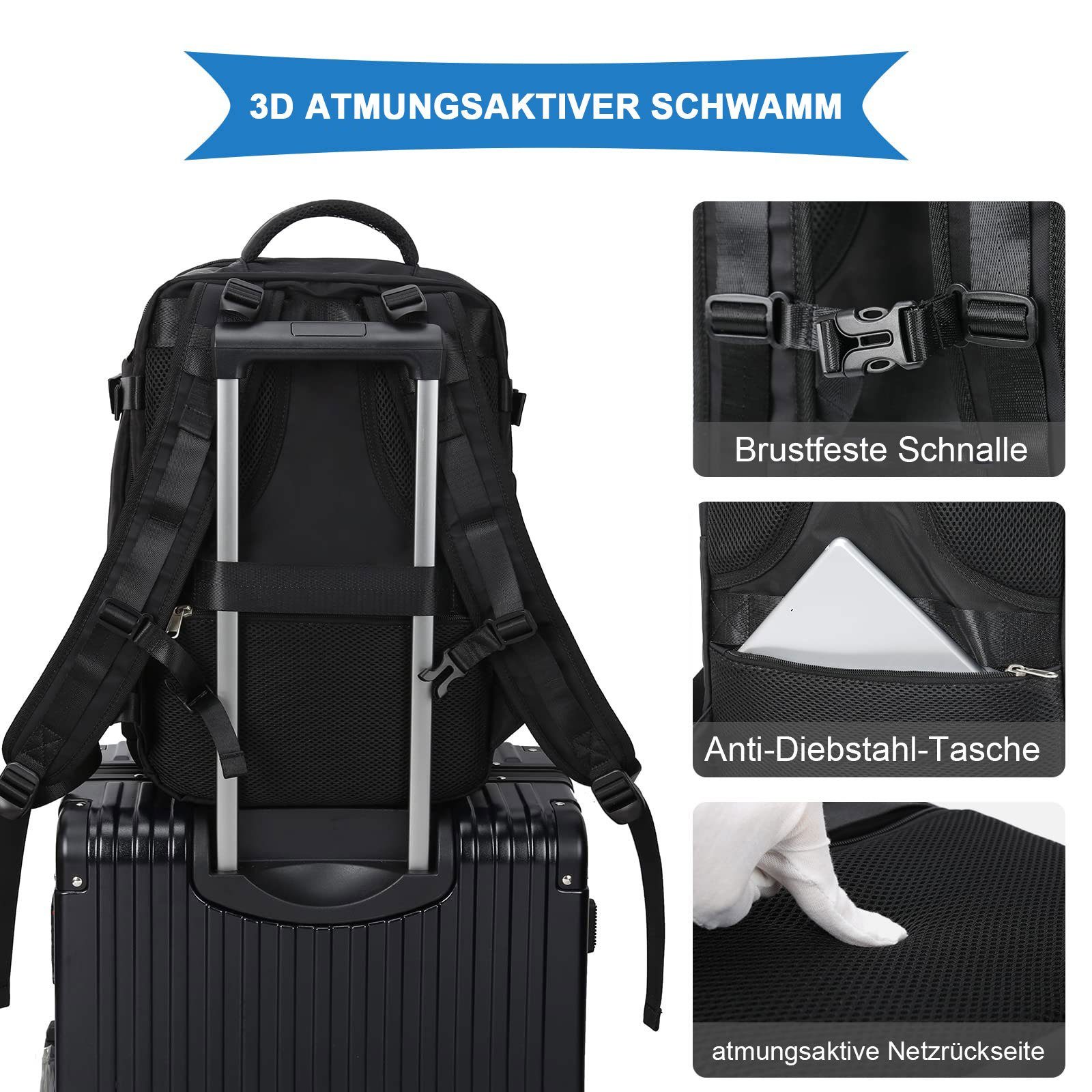 REDOM Reiserucksack Freizeitrucksack Sportrucksack Reisen Rucksack Sporttasche Rucksäcke (Notebook Laptop Tasche Schule Uni Rucksack Handgepäck, Reisenrucksack, mit Schuhfach und Nasstasche, mit USB-Ladeanschluss), Schulrucksack Schultasche Weekender