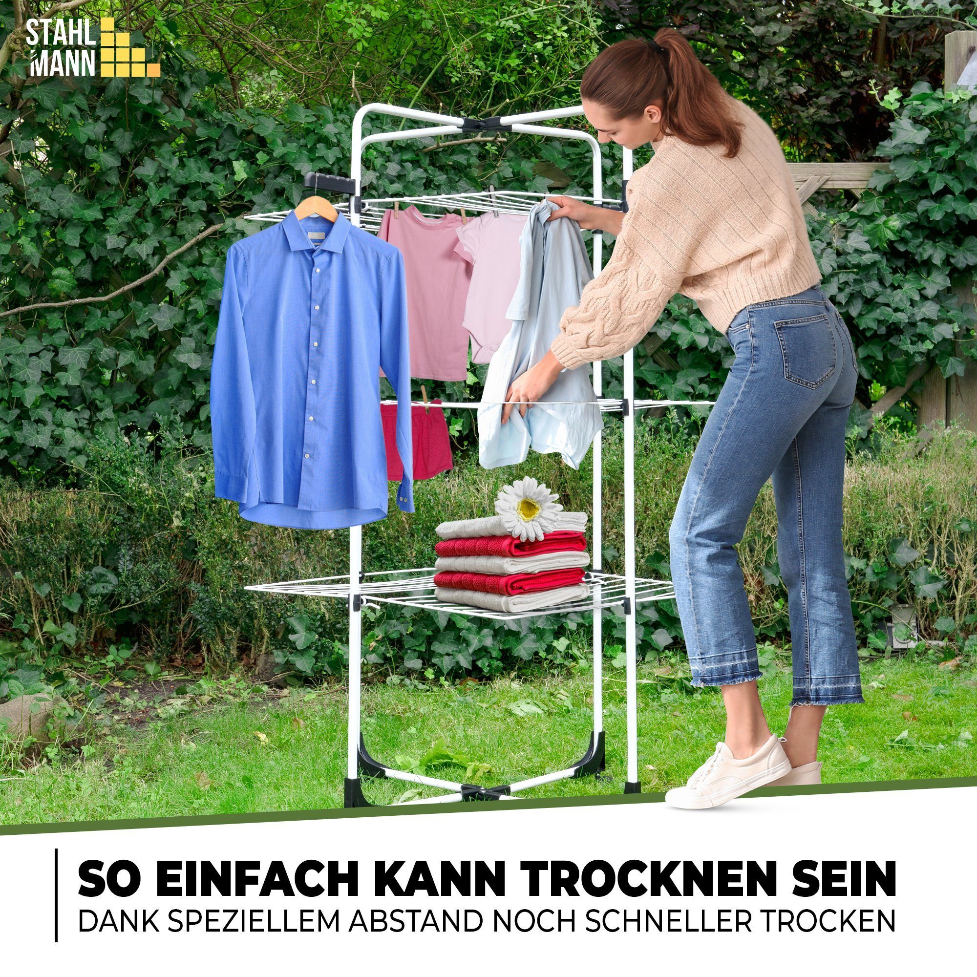 STAHLMANN COMMERCE GmbH Turmwäscheständer 30 m Trockenfläche - klappbarer Wäscheständer - Wäscheturm, Wäschetrockner mit arretierbaren Rollen – extra Stabiler Wäscheständer