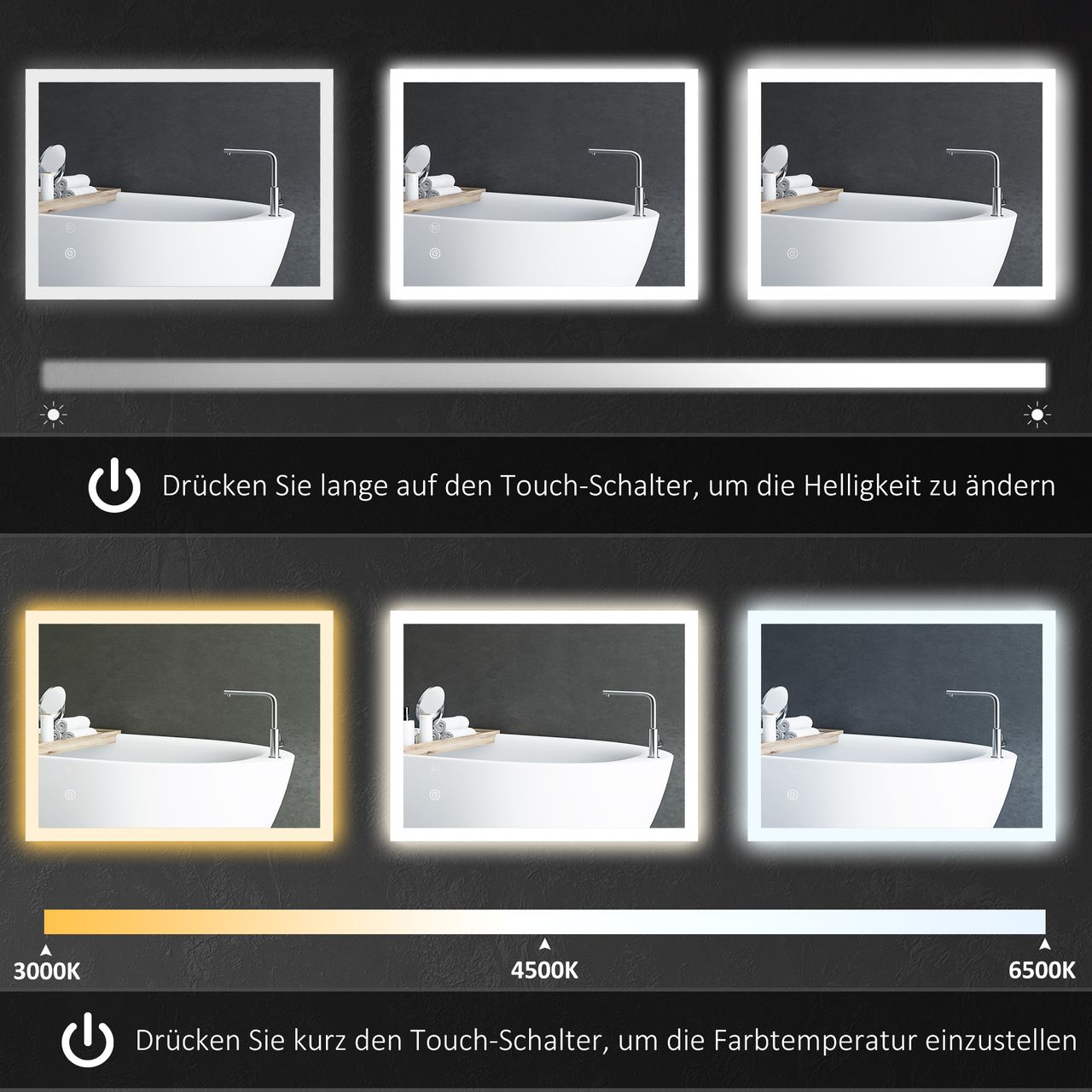 kleankin Badspiegel, Badezimmerspiegel mit LED-Leuchte, Memory-Funktion 80x 60cm