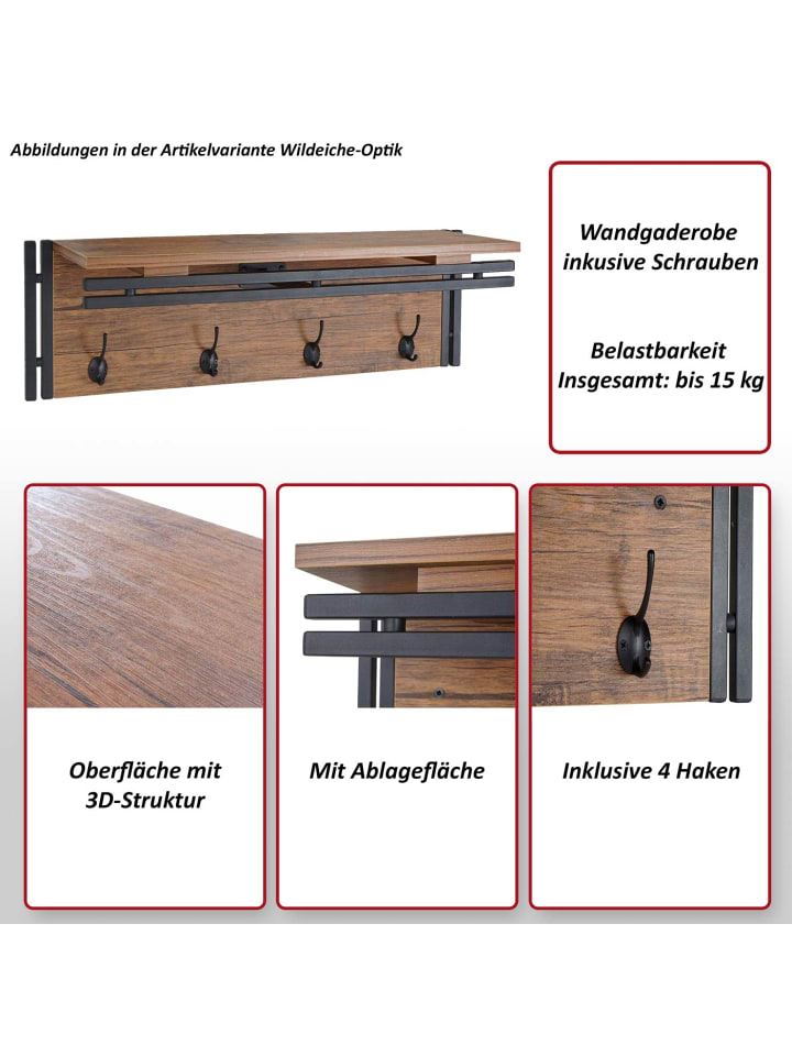 MCW Wandgarderobe A27 mit 4 Haken, Dunkelbraun günstig kaufen onesize