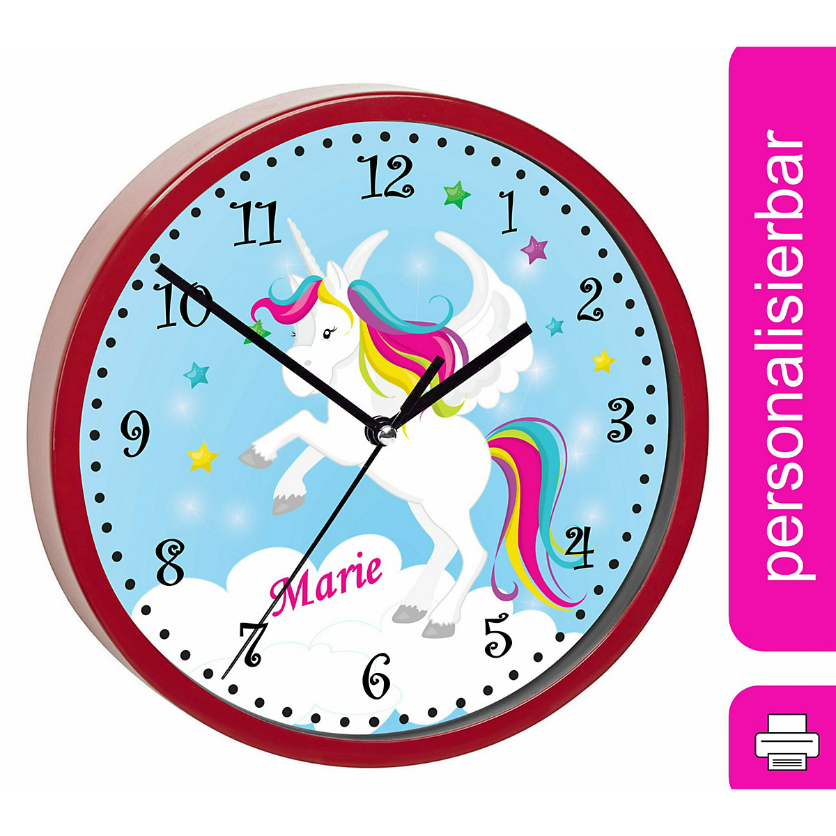 Kinder Wanduhr laufruhig personalisiert mit Name Pegasus Blau