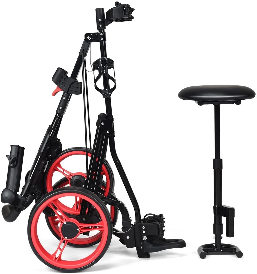 COSTWAY Golftrolley 3-Rad Golfwagen, klappbar, mit verstellbarem Sitz, Griff