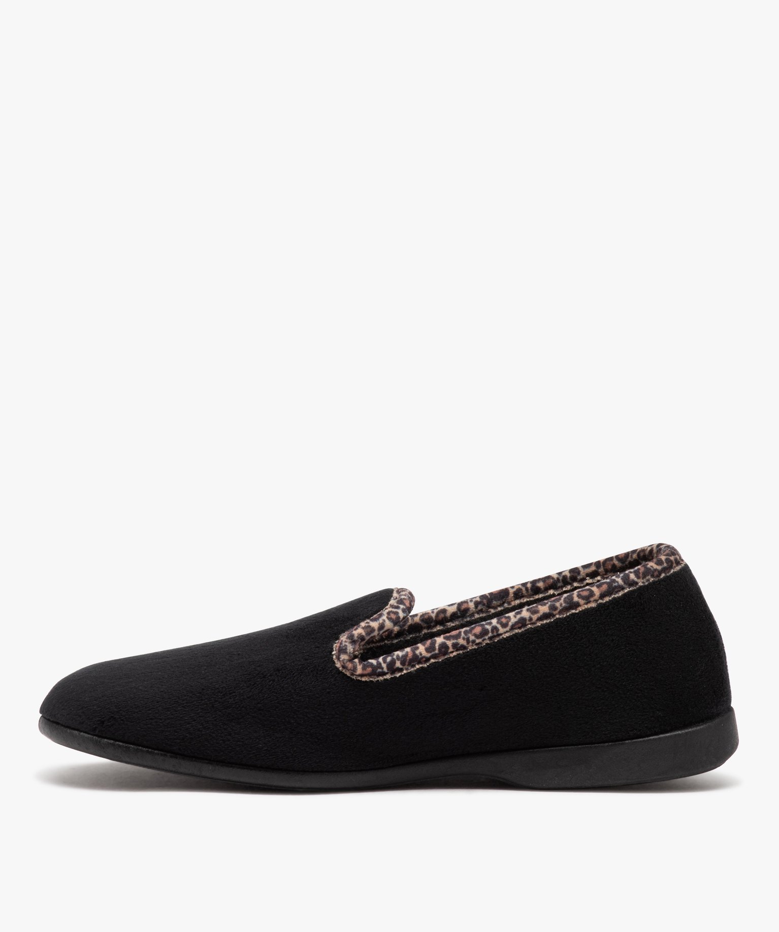 Chaussons femme pantoufles unies à col motif léopard noir | GEMO