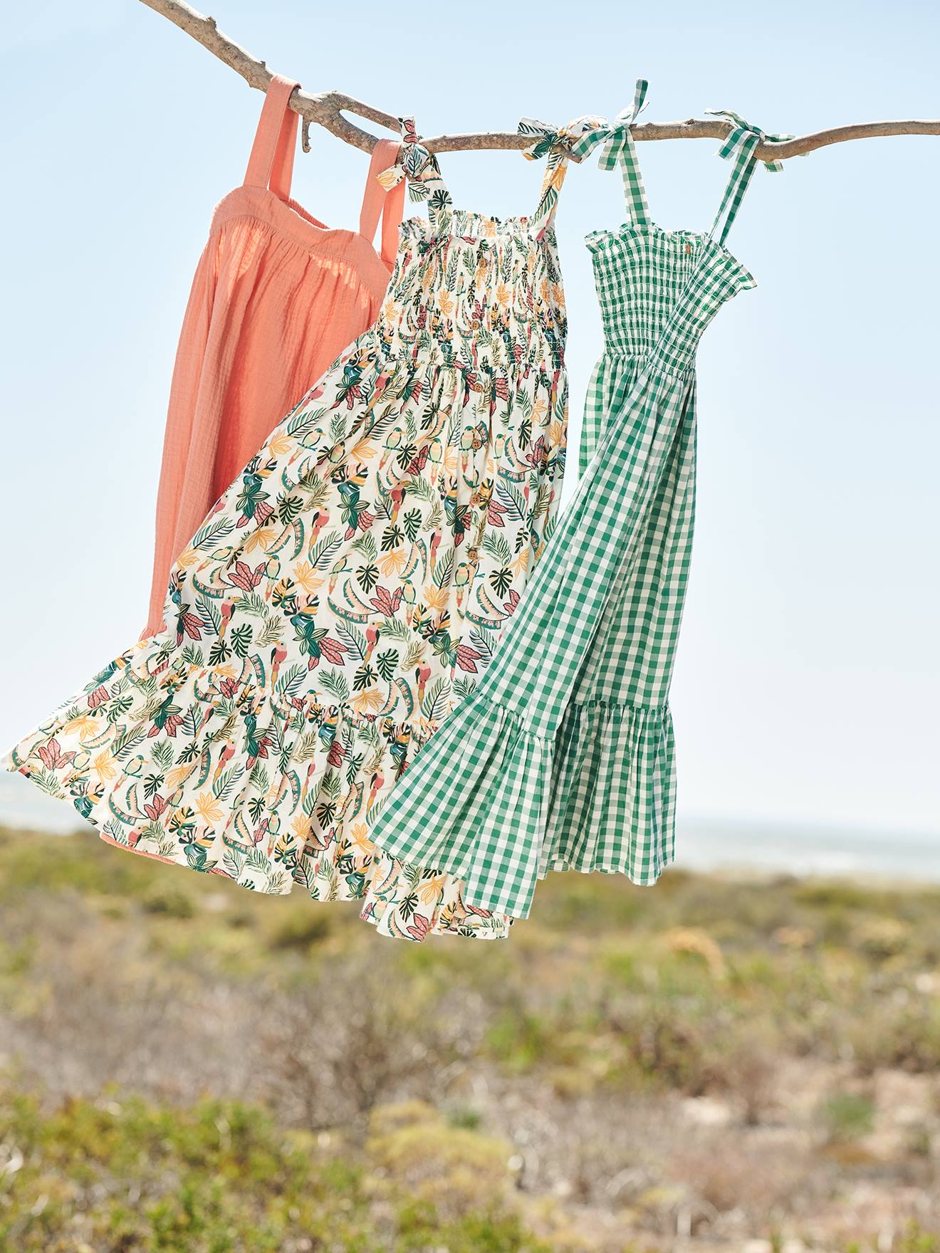 Robe longue à smocks fille carreaux vert