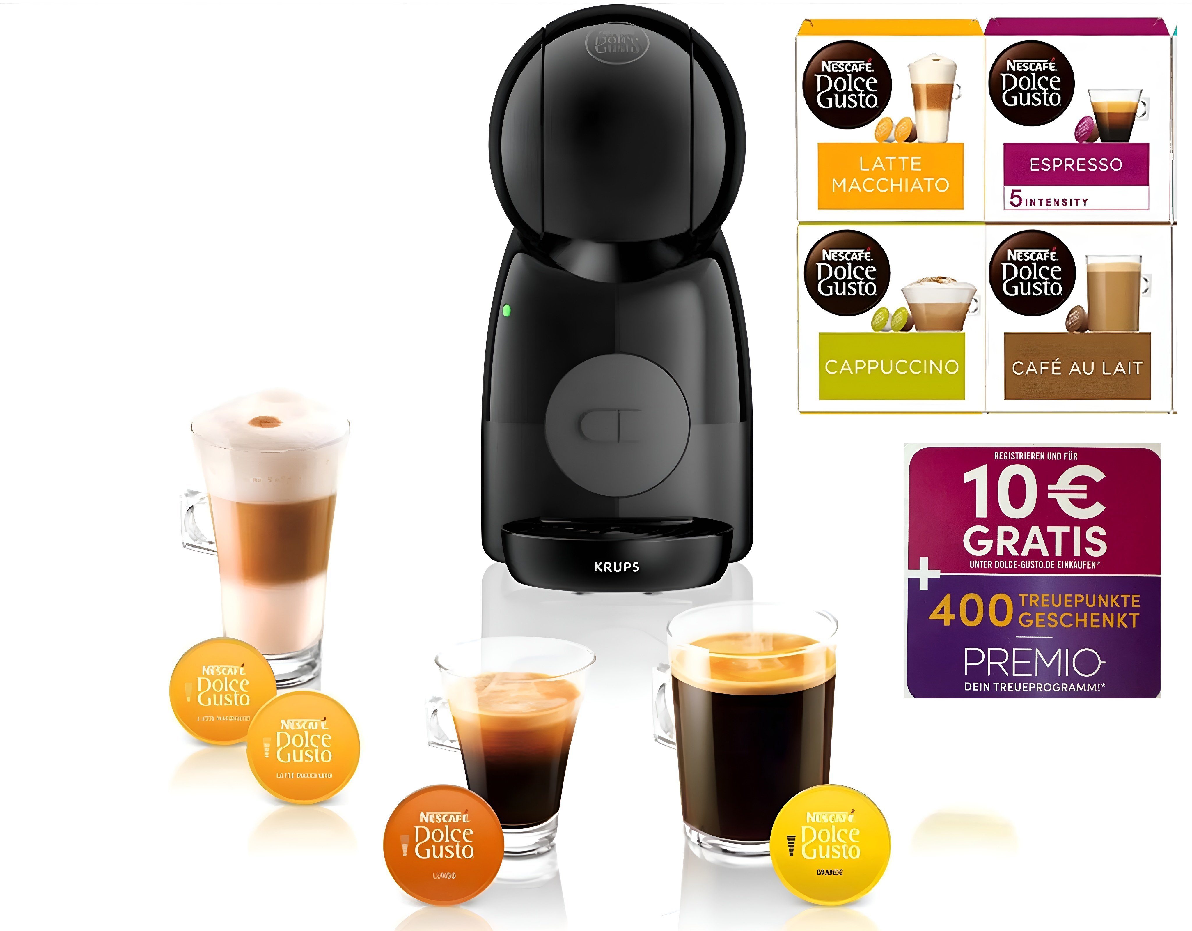 Krups Kapsel-/Kaffeepadmaschine KP1 Nescafé Dolce Gusto Piccolo XS Kapselmaschine Kaffeemaschine + 10€, 4 Packung Mix Kaffe NESCAFÉ® Dolce Gusto Gratis 30 Kaffeekreationen, Kaffeekapseln, Heiß-Kaltgetränke, 0,8 L Wassertank