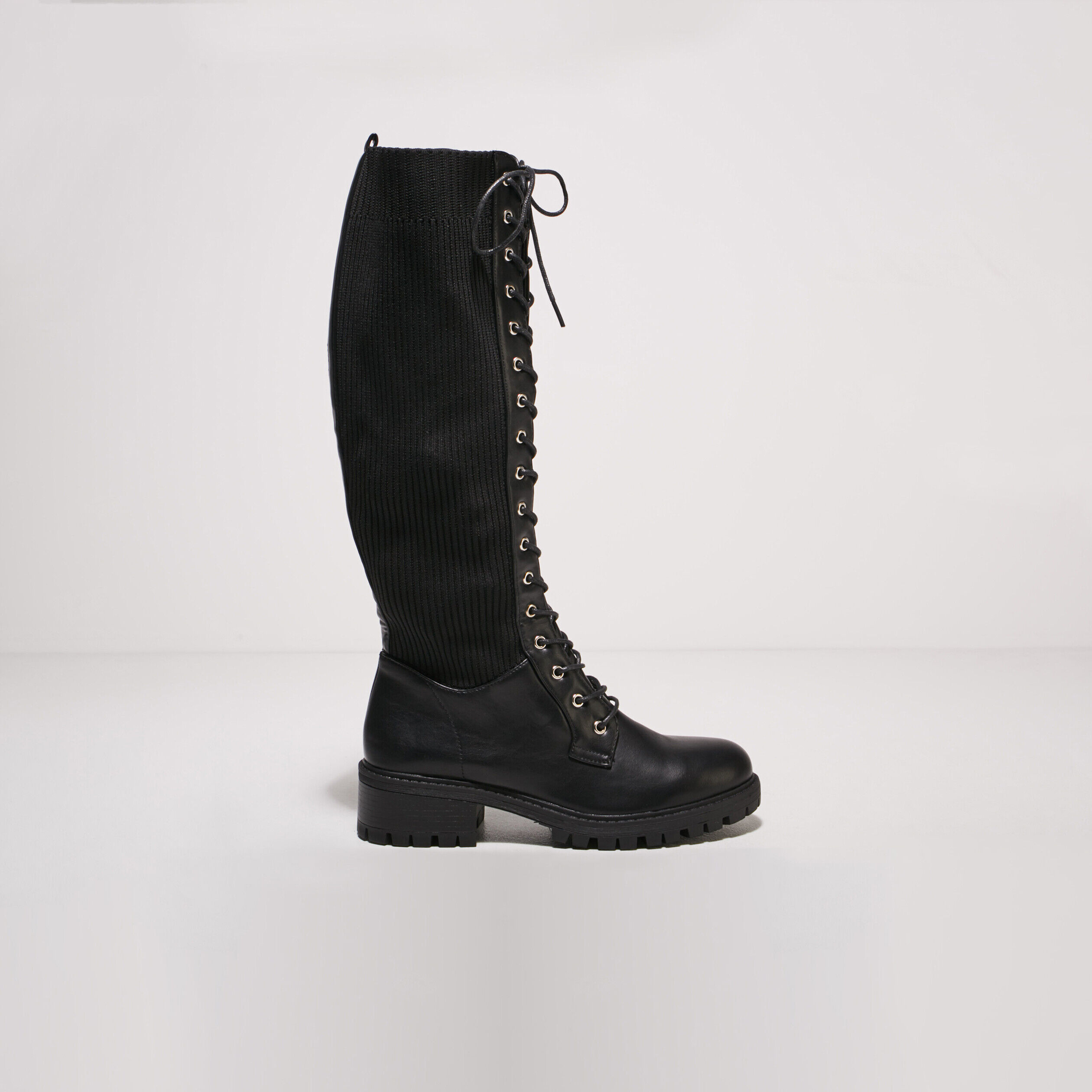 Bottes hautes plates à lacets noir femme | Cache Cache