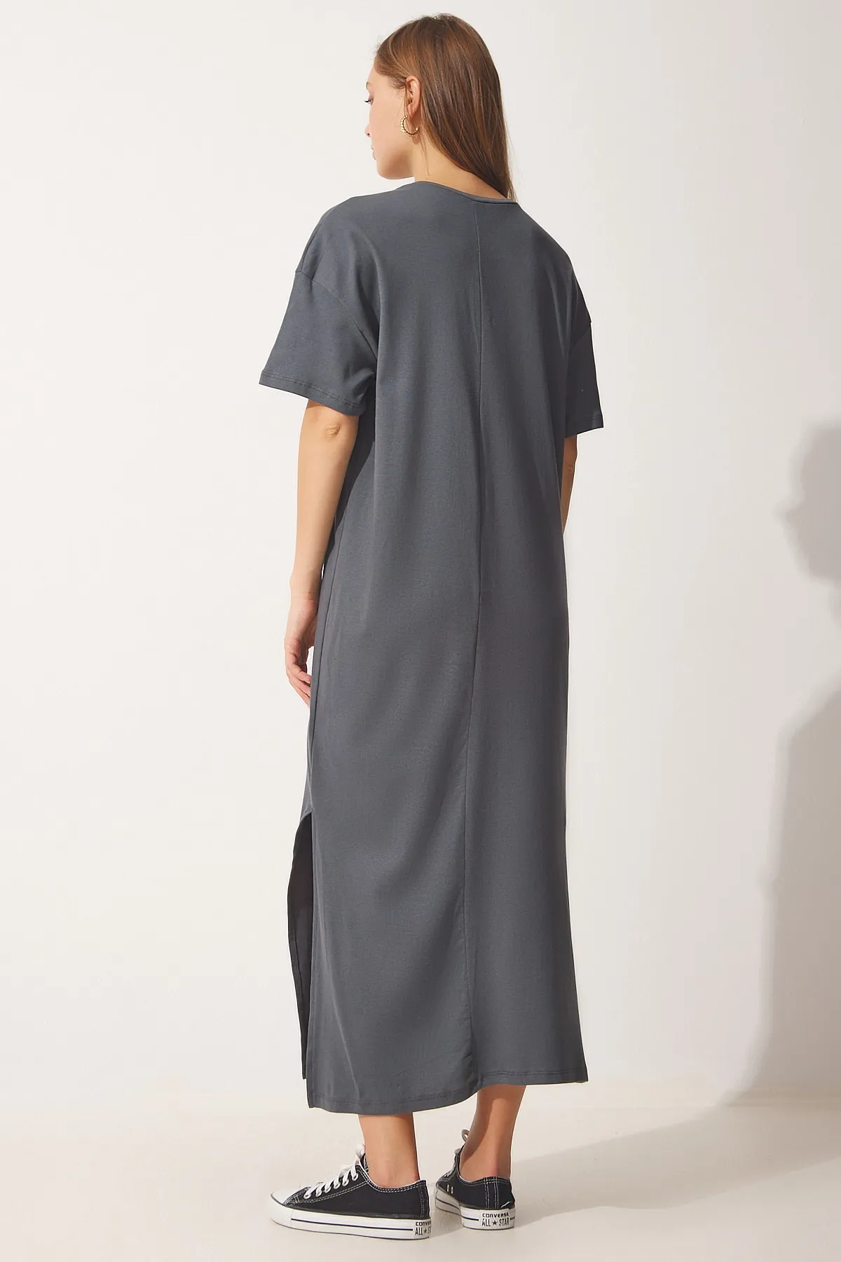 Happiness İstanbul  Damen-Sommerkleid aus gekämmter Baumwolle aus anthrazitfarbener Baumwolle UB00080