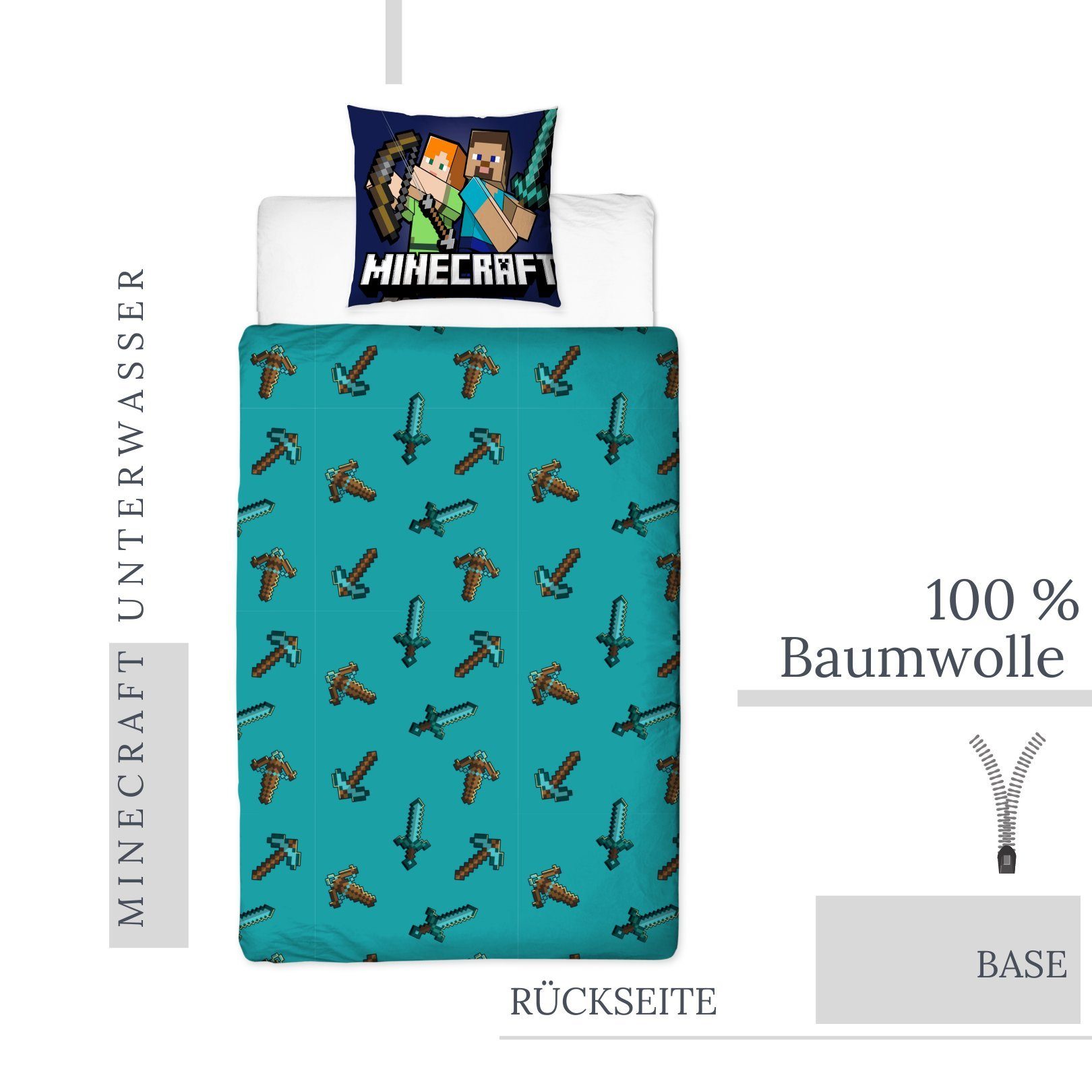 Bettwäsche Minecraft 135x200 + 80x80 cm, 100 % Baumwolle, MTOnlinehandel, Renforcé, 2 teilig, coole & starke Kinder- und Jugendbettwäsche 