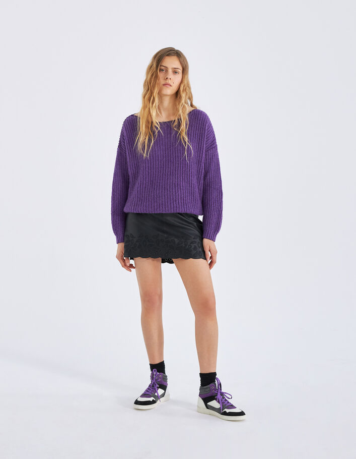 Pull violet tricot à côtes et détails lurex Femme