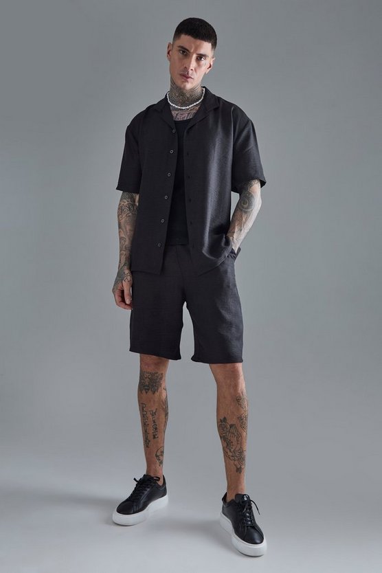 Tall kurzärmliges Leinen-Hemd & Shorts in Schwarz