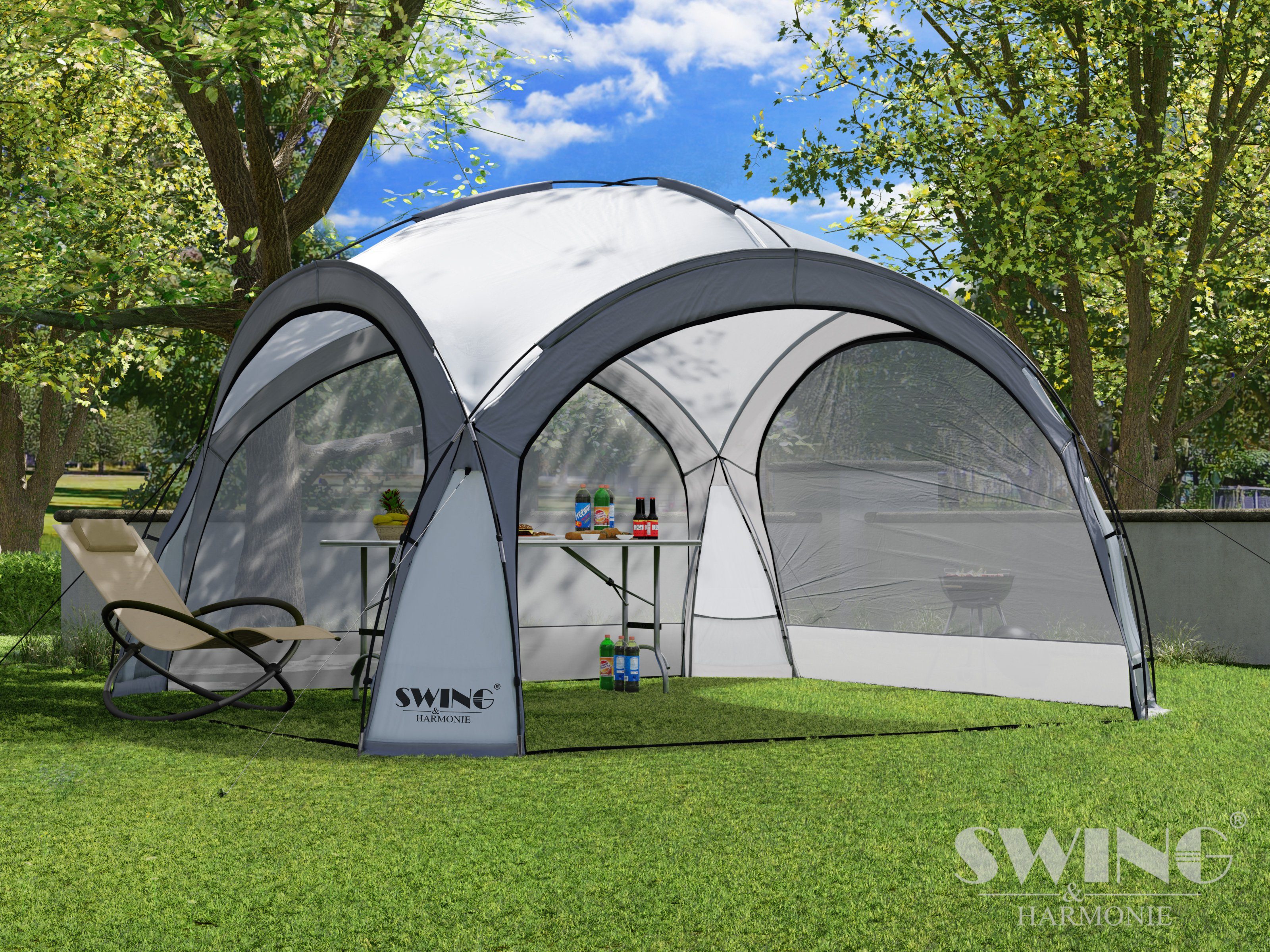 Swing&Harmonie Faltpavillon LED Event Pavillon XXL DomeShelter 450cm, inkl. Solarmodul Designer Gartenzelt mit Beleuchtung Camping Partyzelt