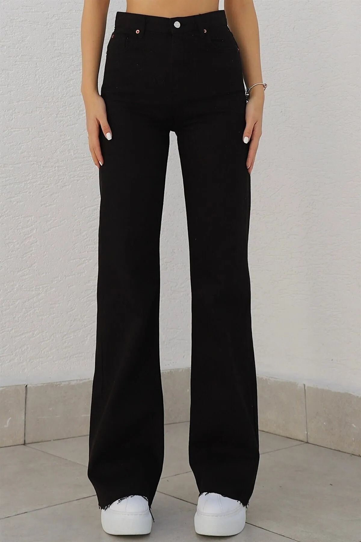 Trn JNS  Lussi Power Damen-Jeans, lockere Jeans aus Lycra im 90er-Stil, lichtecht, schwarz, mit superhoher Taille und weitem Bein, Palazzo-Hose