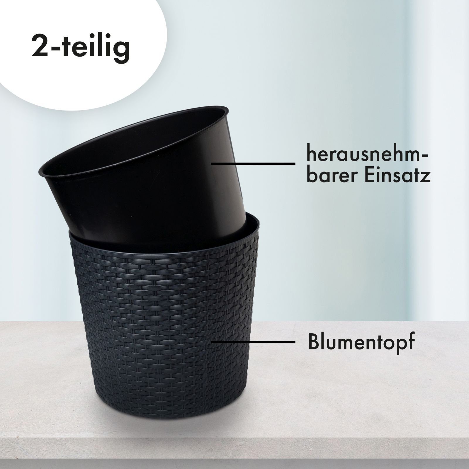 astor24 Blumentopf 2x Blumentopf Rattan Blumenkübel Pflanzentopf (Blumentopf Garten Balkon Blumen Topf Kräutertopf, 2 Blumentöpfe), Durchmesser 20 cm - 2 Blumentöpfe - hochwertig verarbeitet - mit Wasserüberlauf - fertig montiert