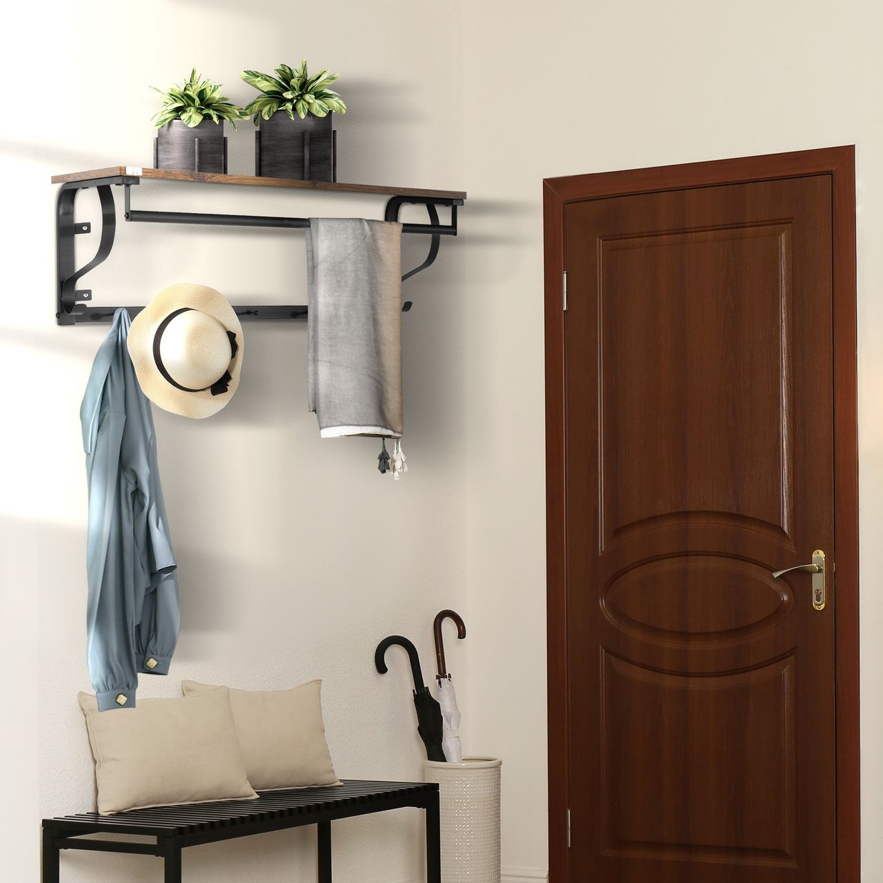 HOMCOM Wandregal Hängeregal mit 5 Haken Garderobenregal für Wohnzimmer Badezimmer Industrial Stil Stahl Holz Braun Schwarz 66 x 30 x 27 cm