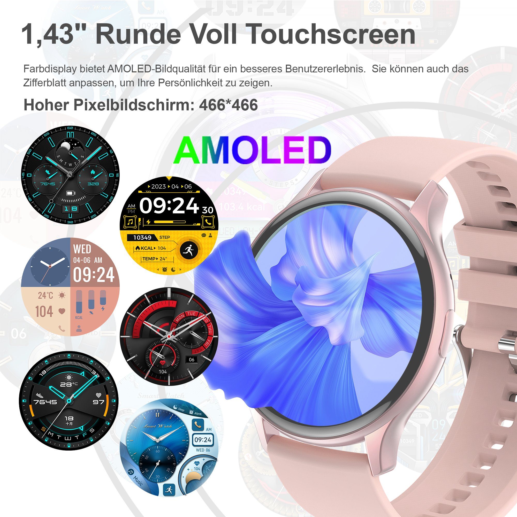 Mutoy Smartwatch für Damen Herren, Fitness Tracker Uhr Smartwatch (1,43 Zoll Runde AMOLED Touchscreen Zoll) Telefon Uhr mit Anruffunktion, IP68 Wasserdicht Fitness Uhr mit, Pulsmesser Schrittzähler Schlafmonitor Stoppuhr Musiksteuerung, Aktivitätstra