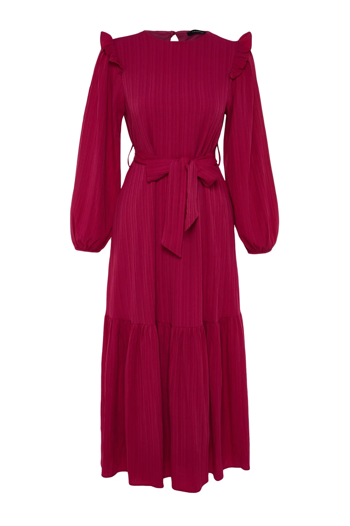 Trendyol Modest  Fuchsiafarbenes Kleid aus Viskose-Mischgewebe mit Schultergurt, Rüschenrock und Volantfutter TCTSS23EB00290