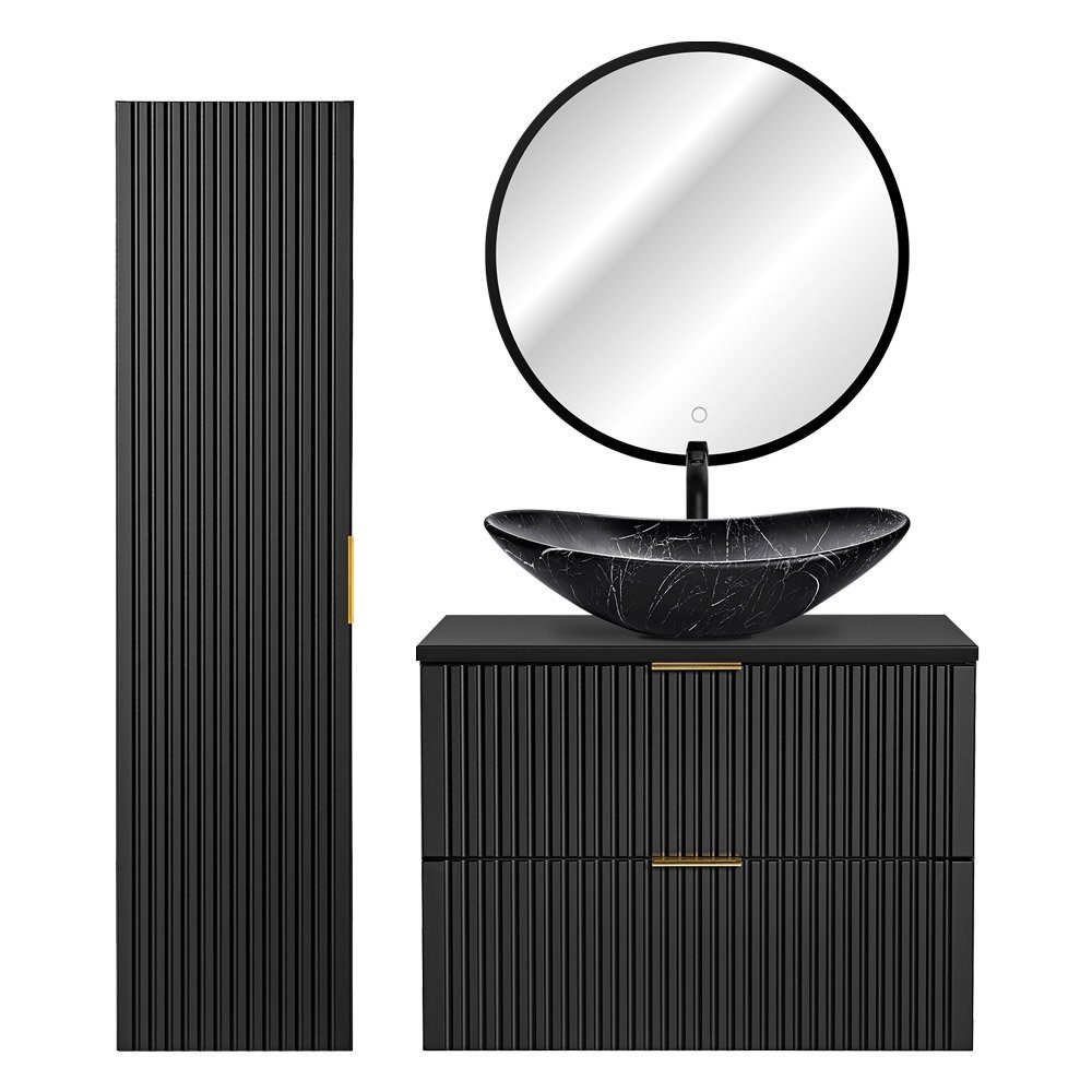 Lomadox Badmöbel-Set ADELAIDE-56-BLACK, (3-St), schwarz matt gerillte Front 131/200/46,5 cm