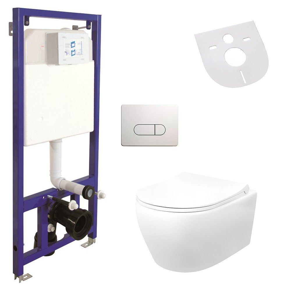 Aloni Tiefspül-WC AL5513KomplettSet, Wandhängend, Abgang waagerecht, Spülrandlos Hänge Wand-WC & Belvit Vorwandelement Spülkasten