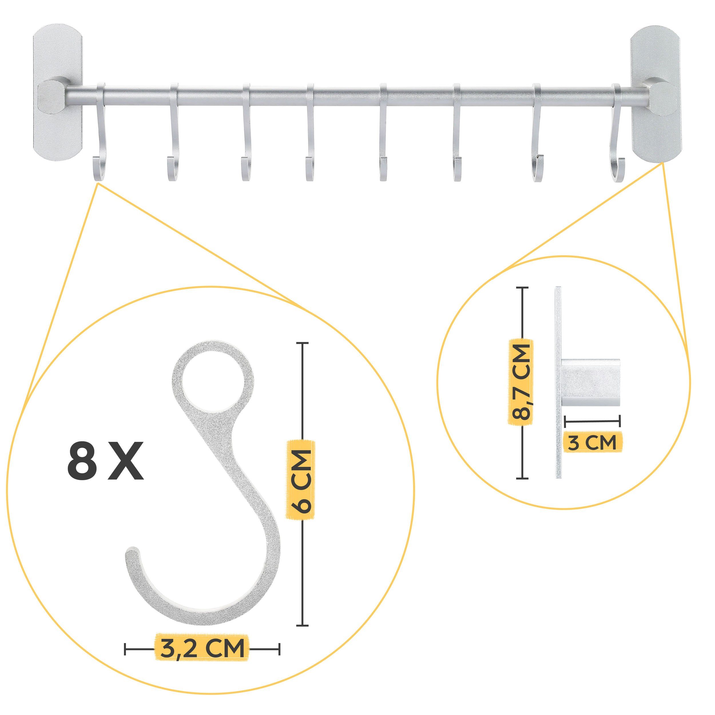 Praknu Wandhaken Hakenleiste für Küchenutensilien mit 8 Haken, Küche, Badezimmer, Terrasse, Balkon, Keller, Werkstatt, Garage, (Set, 8-St., Hakenleiste mit 8 Haken), Ohne Bohren - Selbstklebend - 40 cm