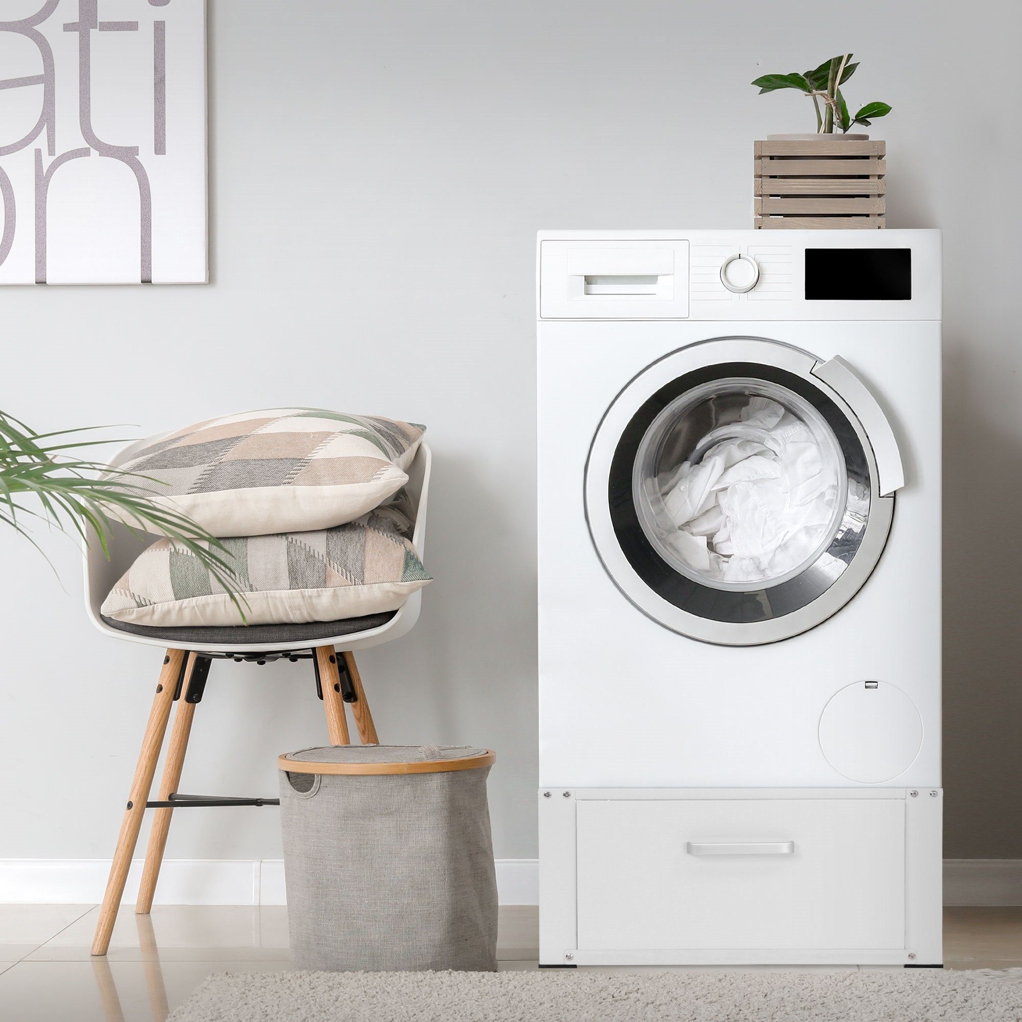 ML-DESIGN Waschmaschinenuntergestell Waschmaschinen Untergestell mit Schublade 63x54cm Weiß aus Stahl
