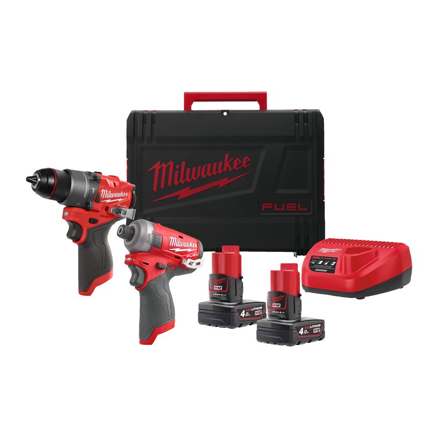 Milwaukee 4933480594 M12 FPP2E2-402X Powerpack M12 FPD2 Mașină de găurit cu impact + Șurubelniță cu impact M12 FQID 12V 4.0Ah în cutie HD 4933480594