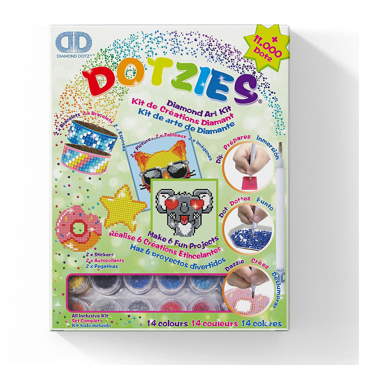 DOTZIES® Original Diamond Painting Kreativset Grün 6 teilig mit je 2 Bildern 15 x 15 cm, Stickern und Armbändern ab 8 Jahren (DTZ10.003)