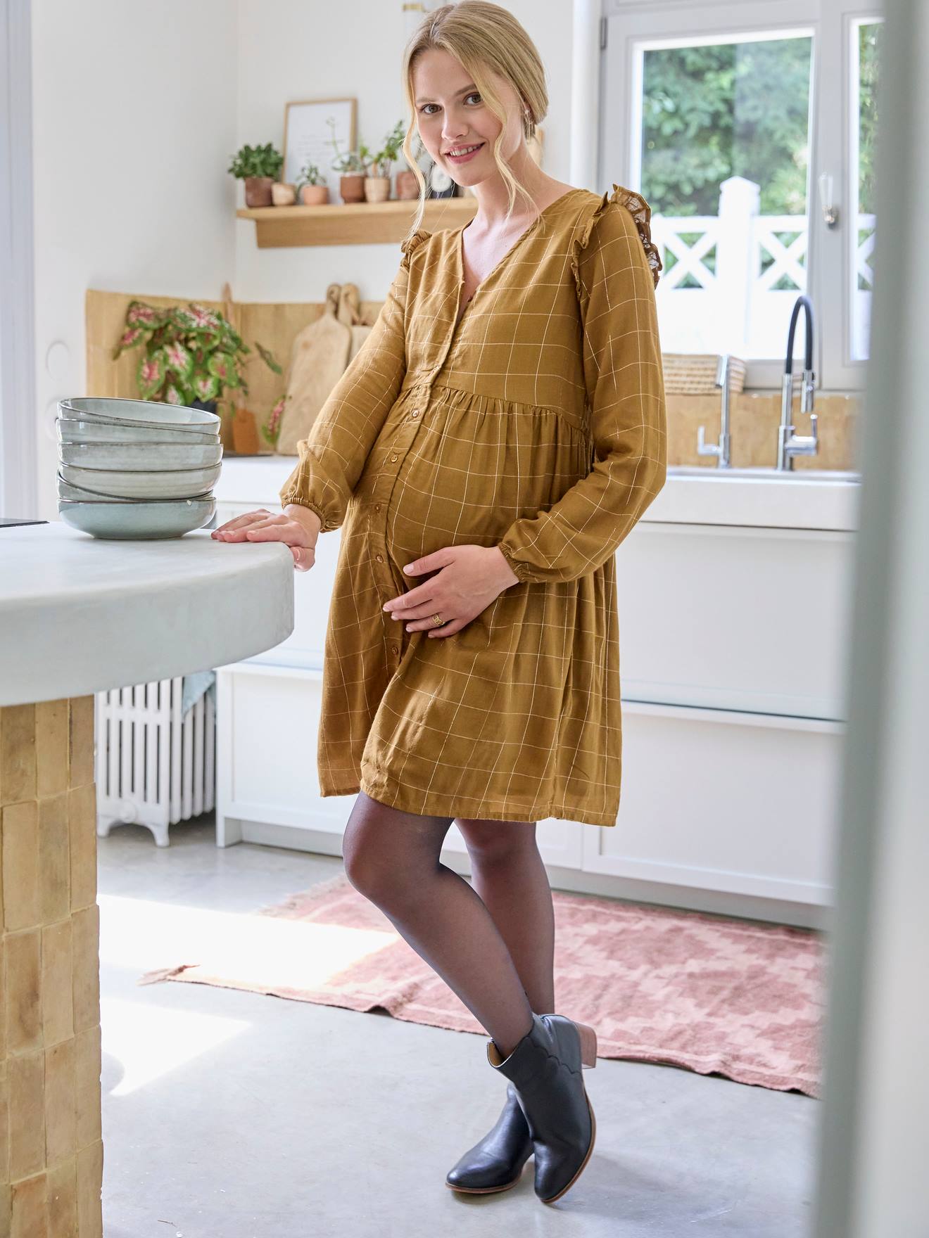 Robe courte carreaux irisés grossesse et allaitement kaki