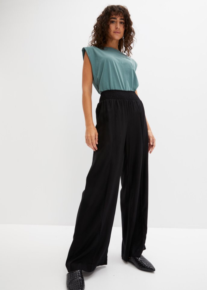 Weite Hose aus Viscose mit High-Waist-Smockbund, Crepegewebe