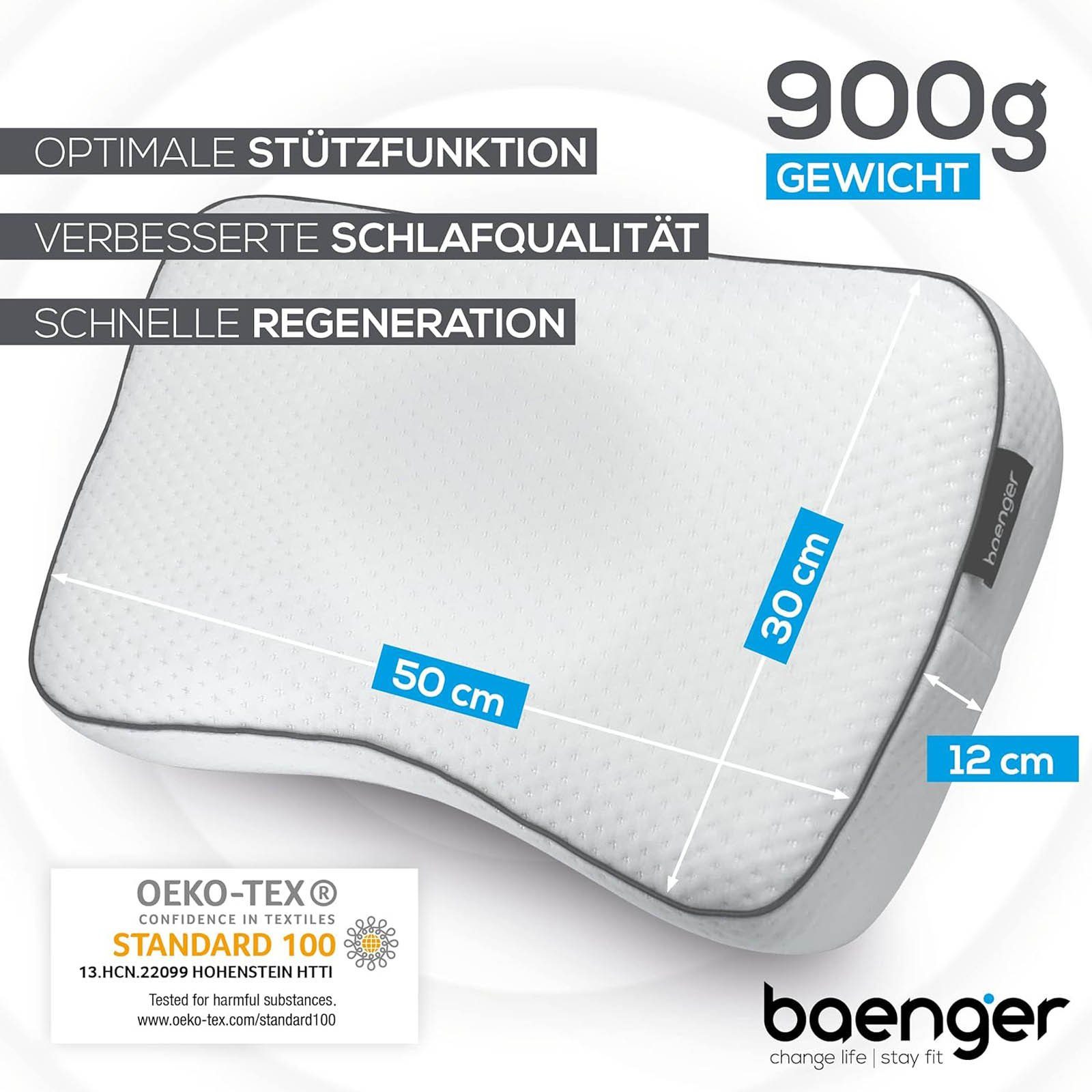 baenger Nackenkissen Ergonomisches Nacken Kissen Kopfkissen Schlafkissen Reisekissen, Memory Schaum 50 x 30 cm inkl. Bezug und Tragetasche