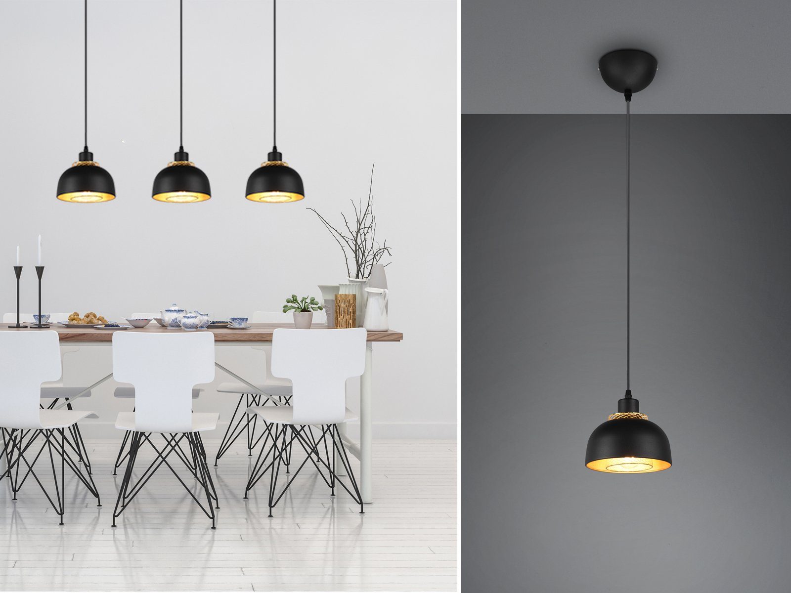 meineWunschleuchte LED Pendelleuchte, Dimmfunktion, LED wechselbar, warmweiß, Designer Esstischlampe einflammig über Kücheninsel Schwarz Gold, 18cm