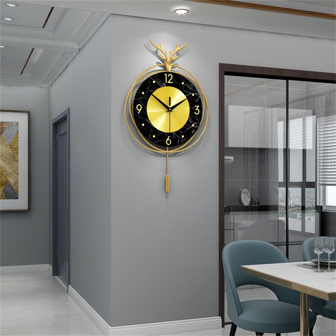 DÖRÖY Wanduhr 50CM Hirschkopf Wanduhr für Wohnzimmer,moderne kreative stumme Wanduhr
