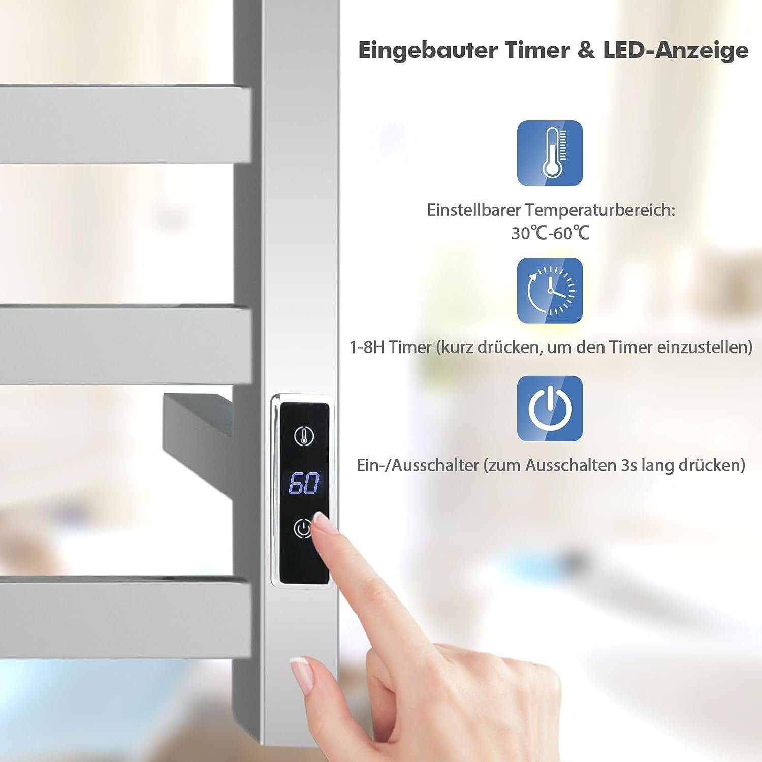 KOMFOTTEU Elektrischer Badheizkörper, mit LED-Touchscreen & Thermostat, Timer & Überhitzungsschutz