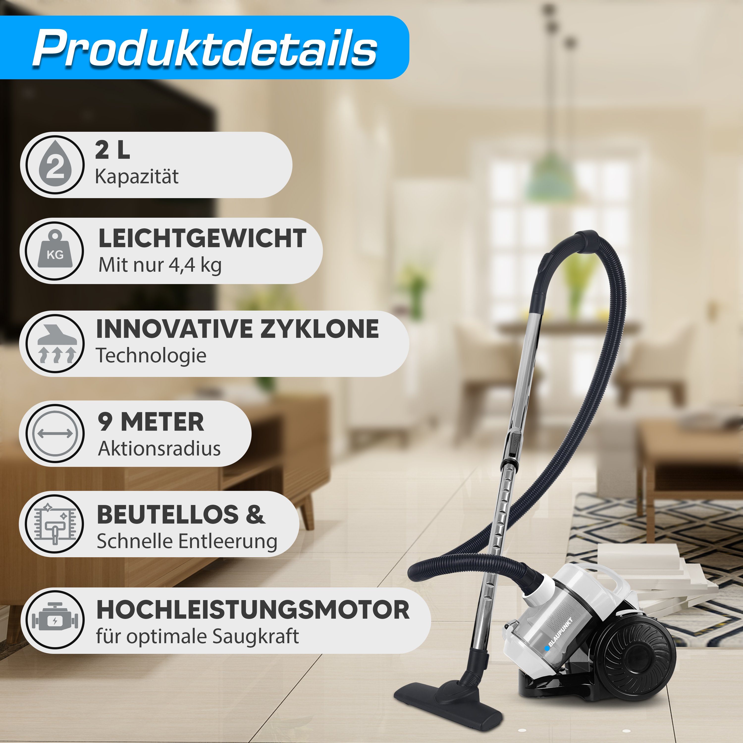 Blaupunkt Zyklon Hybrid Staubsauger MEN789 Zyklon Staubsauger Zyklonstaubsauger extra stark Bodensauger, 800,00 W, beutellos, Beutelloser Sauger, leise, 2 L Fassungsvermögen, Bodenstaubsauger