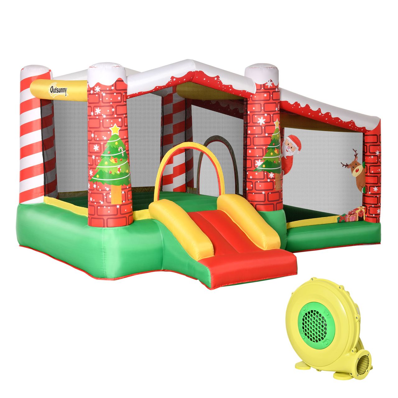 Outsunny Weihnachten Aufblasbare Hüpfburg Trampolin kleine Rutsche Ballgrube für 3 Kinder Springburg mit Gebläse für 3-8 Jahre Kindergarten Oxford-Gewebe Polyester Rot Grün 325 x 270 x 175 cm