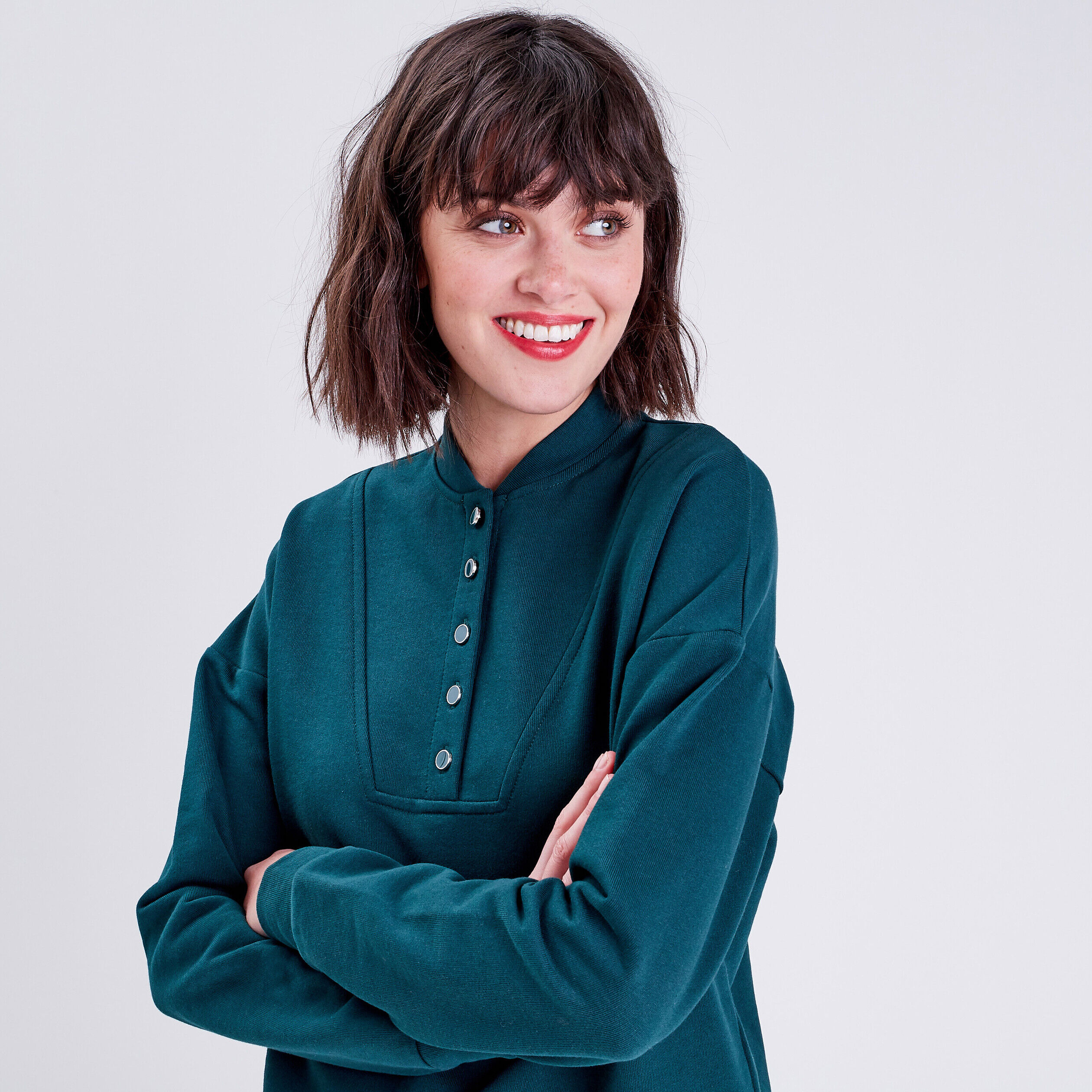 Sweat avec col teddy vert foncé femme | Cache Cache
