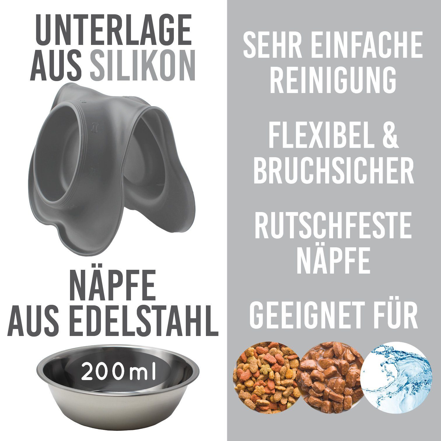 KaraLuna Futternapf Silikon Napfunterlage mit Edelstahl Näpfen I Hundenapf Katzennapf, Edelstahl