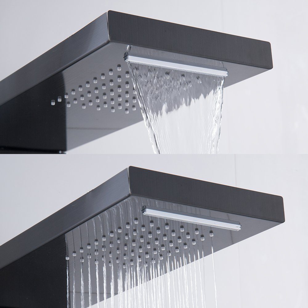 XIIW Duschsystem Duschsystem Edelstahl Duschpaneel Duschsäulen,mit Regendusch, Massagedüsen Handbrause Wasserfalldusche Kopfbrause, mit 1,5m S/S flexibler Schlauch,Schwarz