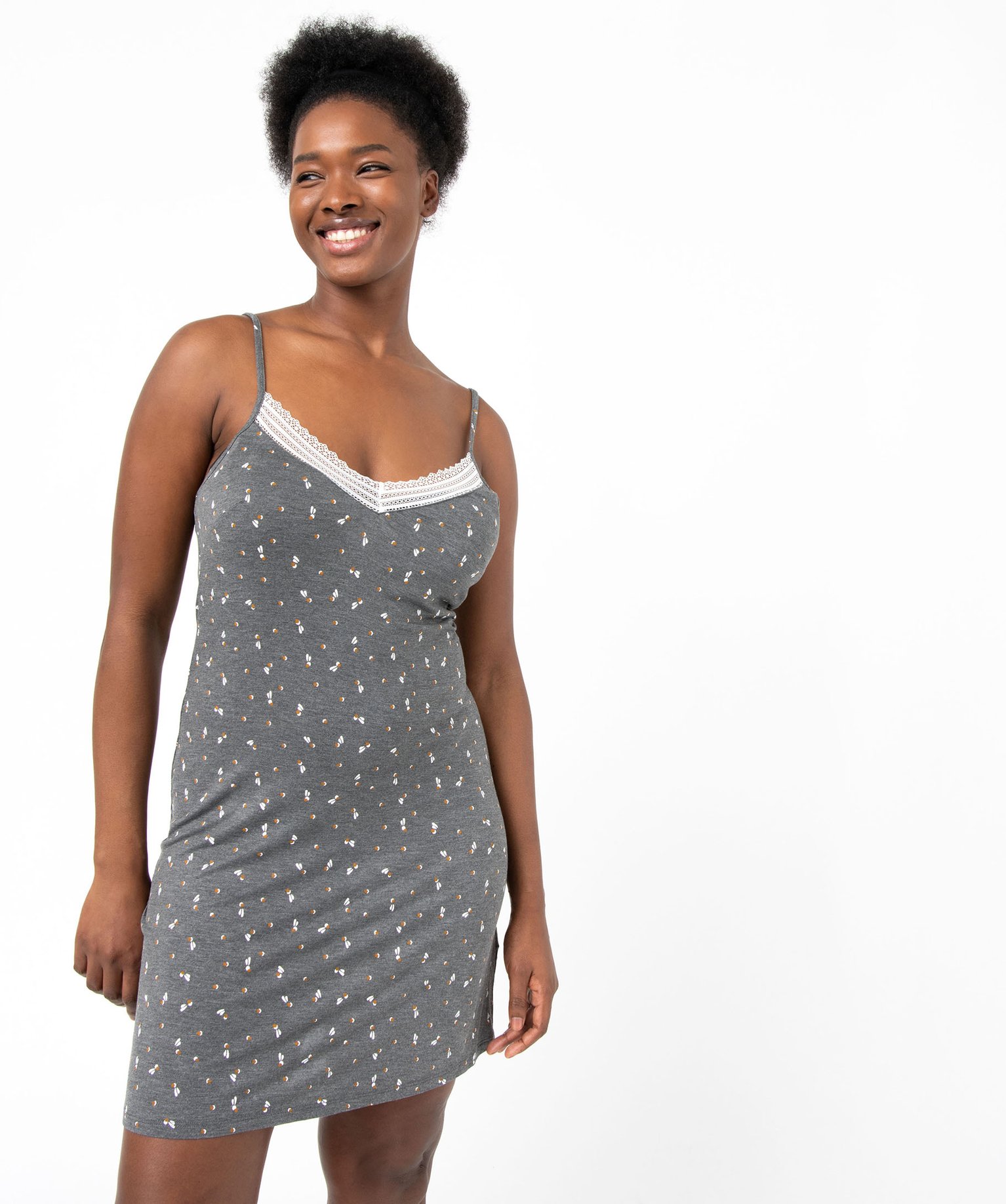 Nuisette femme extensible avec col V dentelle et fines brete... imprime | GEMO