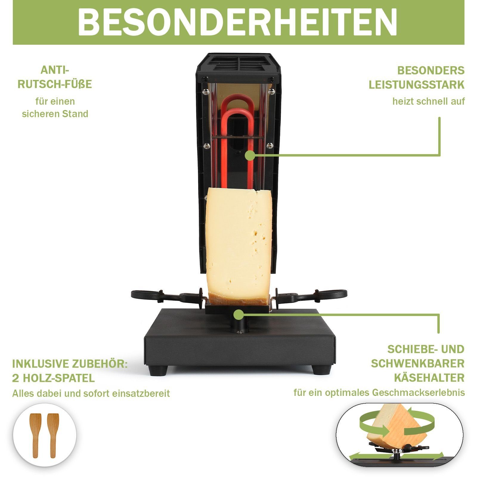 bmf-versand Raclette Raclette Grill Schweizer Käseschmelzer Tischgrill Schmelzgerät Stück, 400,00 W, Ein-/Ausschalter, Besonders leistungsstark, Inklusive Zubehör