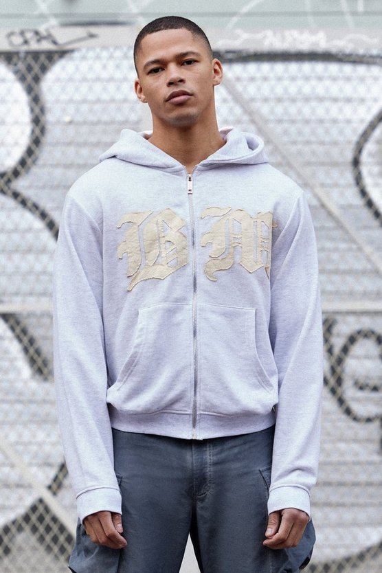 Boxy Zip Through Distressed Applique Hoodie